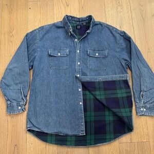 GAP Vintage Mens Denim Shirt Flannel Lined Shacket XL Blue Long Sleeve Plaid